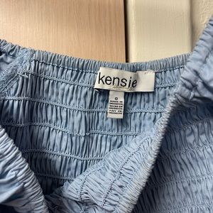 Blue midi dress with off the shoulder puffy sleeves